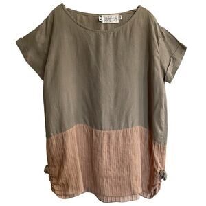 Cachaca Tunic Top Women Sz Medium Brown Pink Linen Vintage Lagenlook Funky Art